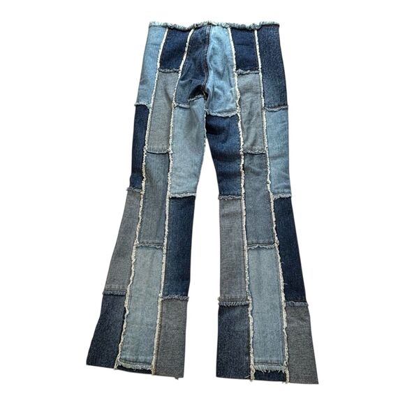 Vintage 90s Zana Di Patchwork Flare Jeans Y2K Hippie Low Rise Raw Fringe - Picture 7 of 11